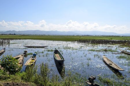 Old long boat on Inle lake, Shan State, Myanmar BURMA. This is a traditional transport in this area.の写真素材
