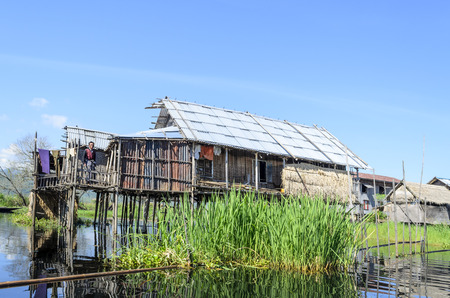 A bamboo house on stilts in Inle Lake, Burma (Myanmar).のeditorial素材