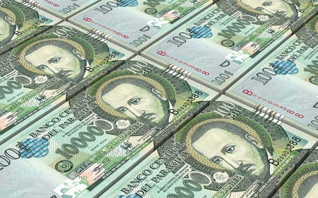 Paraguyan Guarani bills stacked background. Computer generated 3D photo rendering.