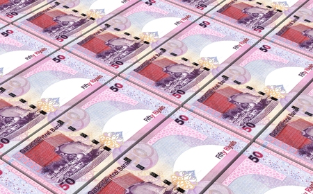 Qatar riyal bills stacked background. Computer generated 3D photo rendering.