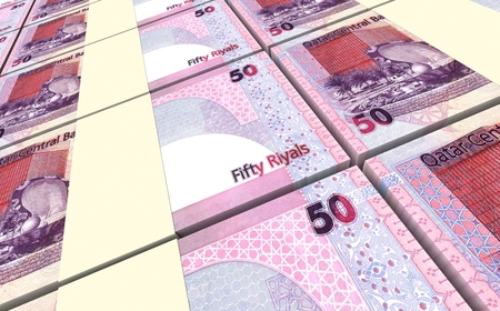 Qatar riyal bills stacked background. Computer generated 3D photo rendering.