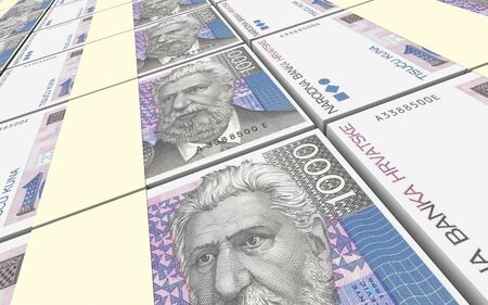 Croatian kuna bills stacks background. 3D photo rendering.
