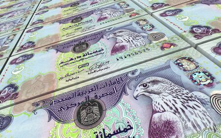 United Arab Emirates dirhams bills stacked background. Computer generated 3D photo rendering.
