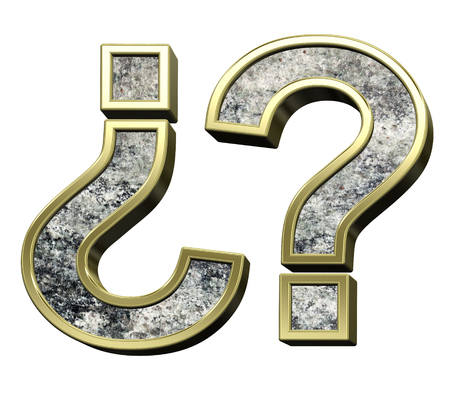 Question mark from granite with gold frame alphabet set isolated over white. Computer generated 3D photo rendering.の写真素材