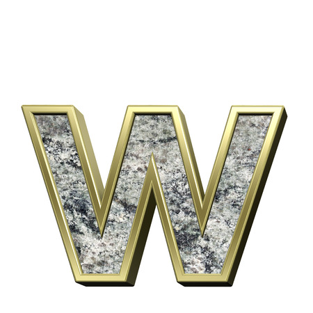 One lower case letter from granite with gold frame alphabet set isolated over white. Computer generated 3D photo rendering.の写真素材