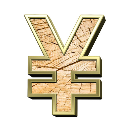 Yen sign from pine wood with gold frame alphabet set isolated over white. Computer generated 3D photo rendering.の写真素材