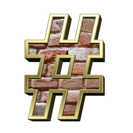 Number sign from old brick with gold frame alphabet set, isolated on white. 3D illustration.
