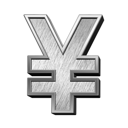 Yen sign from brushed stainless steel alphabet set, isolated on white. 3D illustration.の写真素材