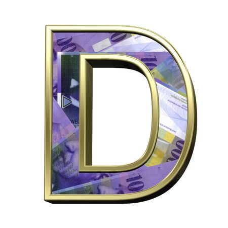 One letter from Swiss franc bill alphabet set isolated over white. 3D illustration.の写真素材