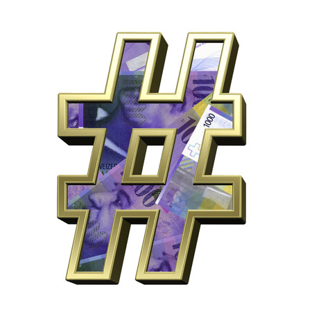 Number sign from swiss franc bill alphabet set isolated over white. 3D illustration.