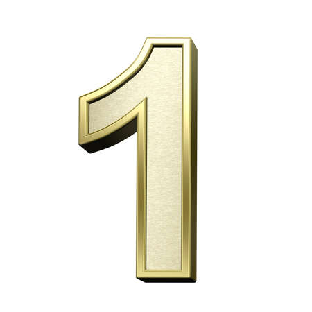 One digit from brushed gold with shiny frame alphabet set, isolated on white. 3D illustration.の写真素材