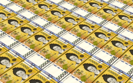 Korean won bills stacks background. 3D illustration.の写真素材