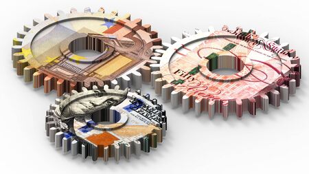 Linked gear with a dollar, euro and pound sign money. 3D illustration.の写真素材