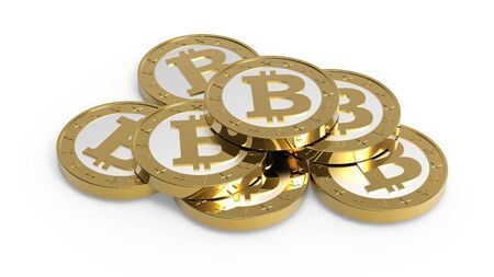 Stack of bitcoins isolated on white. 3D illustration.の写真素材