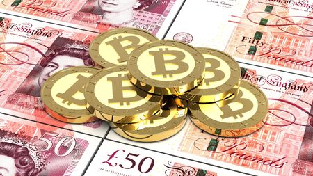 Stack of bitcoins with pound bills. 3D illustration.の写真素材