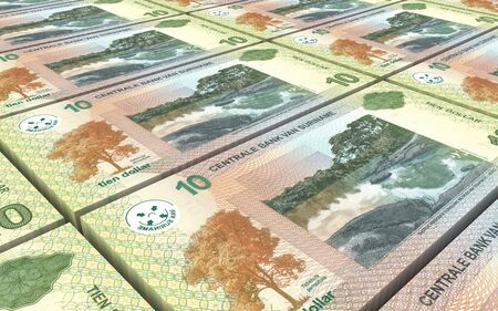 Surinamese dollars bills stacks background. 3D illustration.