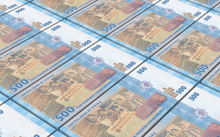 Syrian pounds bills stacks background. 3D illustration.