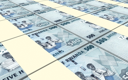 Rwandan francs bills stacked background. 3D illustration.