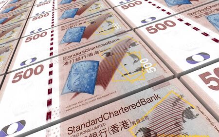 Hong Kong dollar bills stacked background. 3D illustration.
