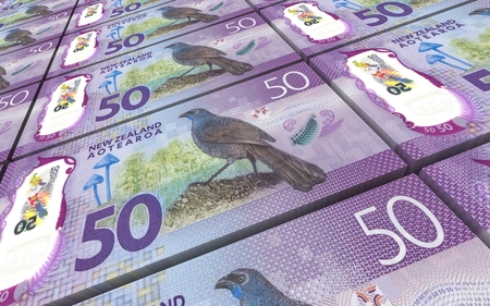 New Zealand dollar bills stacked background. 3D illustration.