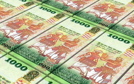 Sri Lankan bills stacked background. 3D illustration.