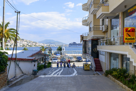 Street view of the city Saranda, most important tourist attraction of the Albanian Riviera on May 18, 2017 in Saranda, Albania.のeditorial素材