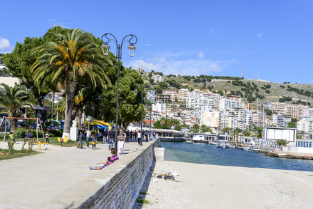 View of the city Saranda, most important tourist attraction of the Albanian Riviera on May 18, 2017 in Saranda, Albania.のeditorial素材