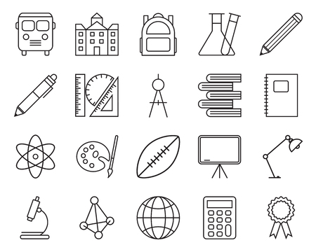 Set of school related vector line icons. Contain icons such as shool, bus and book. Editable stroke with 48 x 48 pixel.のイラスト素材