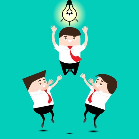 Teamwork concept: workers Jump up for light bulb or idea together.のイラスト素材