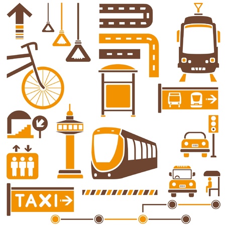 public traffic, transportation set, orange themeのイラスト素材