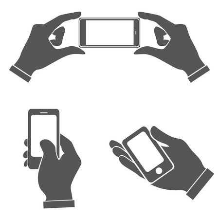 set of hands holding smart phone, pointing on smart phone tablet, electronic deviceのイラスト素材
