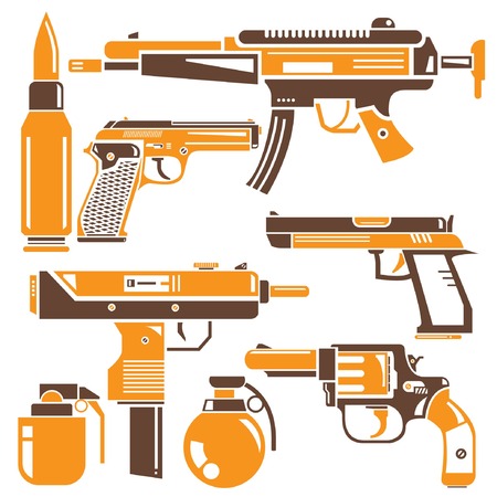 gun, machine gun set, brown and orange color themeのイラスト素材