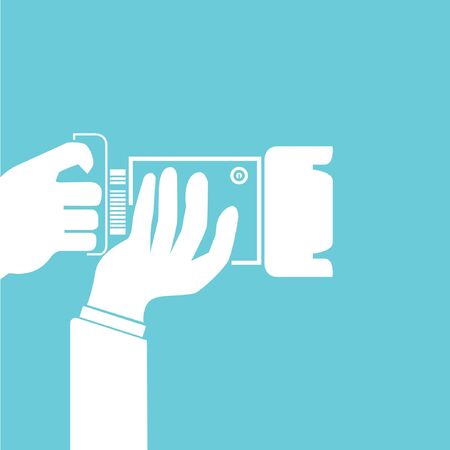 hand holding camera blue backgroundのイラスト素材