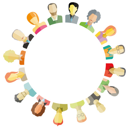 Group of people around circle and blank in center for text or your topic.のイラスト素材