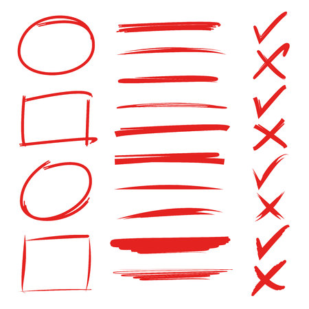 red hand drawn underlines, check marks, circle and rectangle markerのイラスト素材