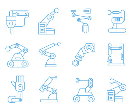 robotic arm icons, blue outline iconsのイラスト素材
