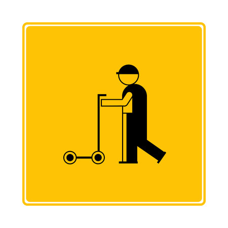 warehouse worker and trolley icon in yellow backgroundのイラスト素材