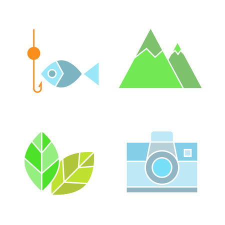 fishing, leaf and mountain iconsのイラスト素材