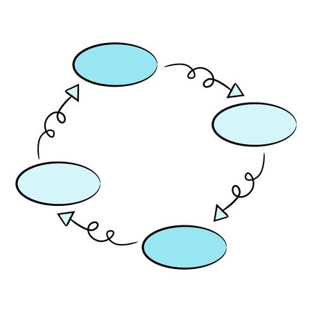 blue process diagram and hierarchy chart for presentation template, hand drawn theme