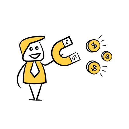 doodle stick figure businessman using magnet to attract moneyのイラスト素材