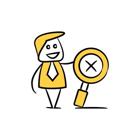 doodle stick figure businessman with magnifier glass and cross markのイラスト素材
