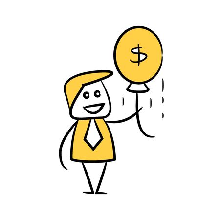 doodle stick figure businessman holding money balloonのイラスト素材