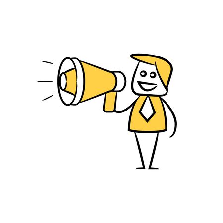 businessman holding megaphone yellow doodle designのイラスト素材