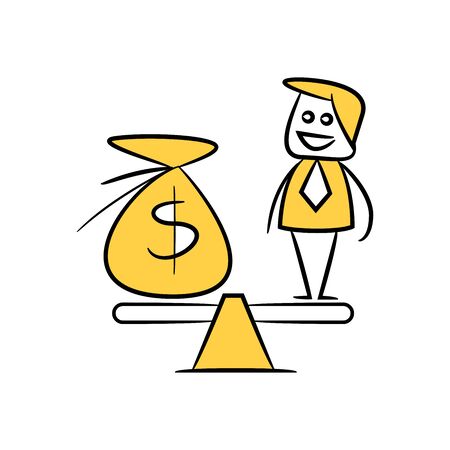 businessman and money purse on balance scale yellow doodle designのイラスト素材