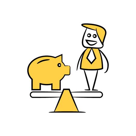 businessman and piggy bank on balance scale yellow doodle designのイラスト素材