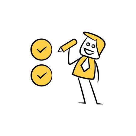 businessman writing check list, yellow character doodle designのイラスト素材