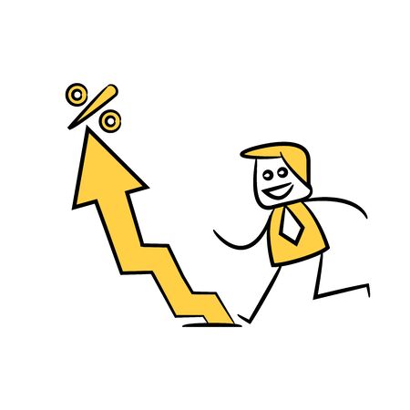 businessman walking on arrow chart for growth profit concept, yellow character doodle designのイラスト素材