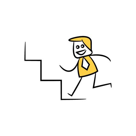 businessman walking up stair, yellow character doodle designのイラスト素材