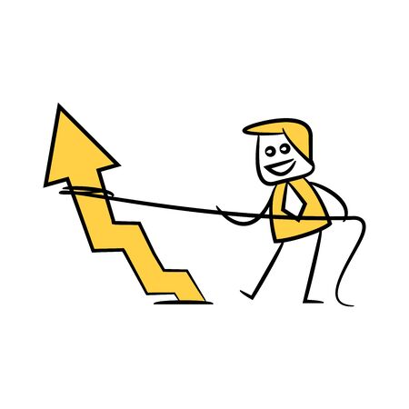 businessman using rope pulling arrow chart for growth profit concept, yellow character doodle designのイラスト素材