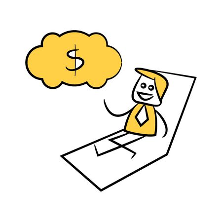 businessman dreaming and thinking of money yellow doodle themeのイラスト素材